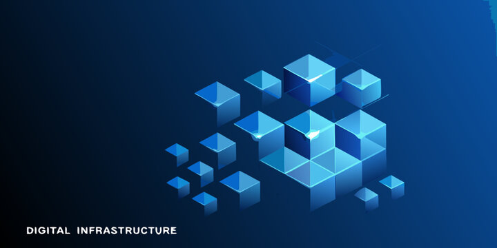 Abstract cluster of isometric blue cubes a 3d render on a dark blue gradient background
