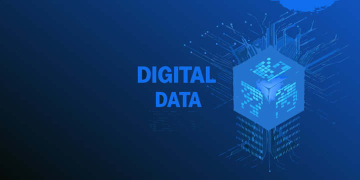 Glowing three dimensional data cube with circuit board pattern on a dark blue background