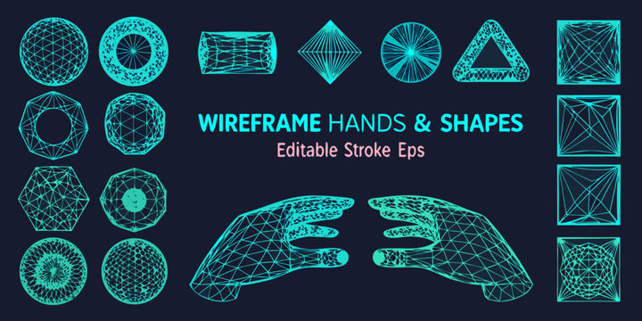 3d wireframe hands and geometric shapes teal vector illustration on dark background high quality professional