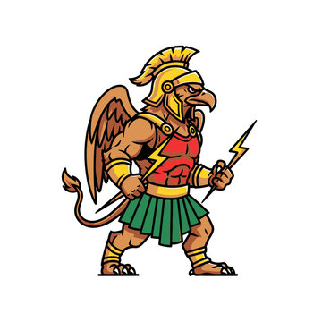 Fierce eagle-headed warrior with armor, wings, skirt, wielding lightning bolts