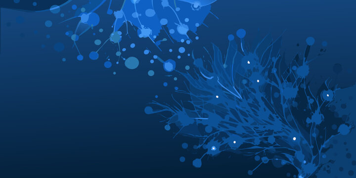 Abstract blue tree shaped network illustration with glowing dots and splatters on dark background