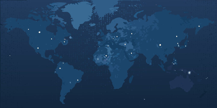 World map illustration with glowing city lights and a dark blue textured background high quality