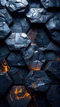 An abstract pattern of dark, cracked hexagonal rocks glowing with fiery orange light.