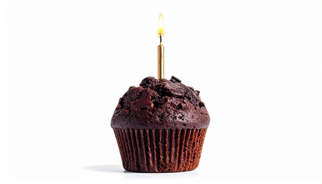 Chocolate birthday muffin with candle, isolated on pure white background, macro realistic
