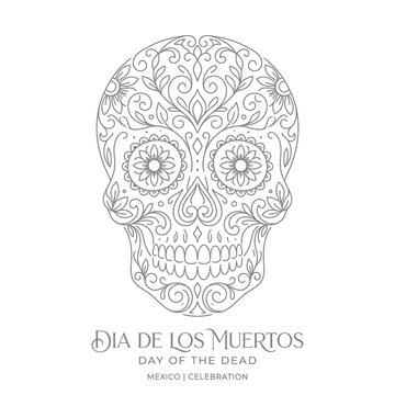 Dia de los muertos skull with floral decorations for mexican culture celebration.