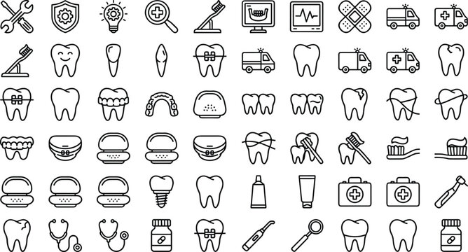 Dental care and orthodontic icons collection set with teeth, braces and medical treatment symbols, outline vector illustration for healthcare and clinic design