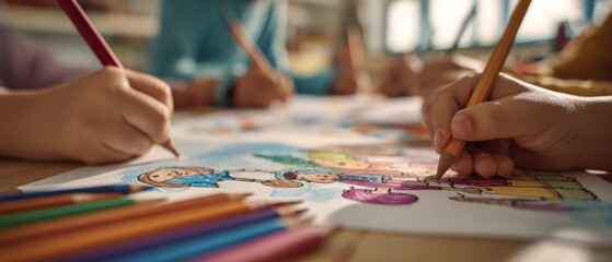 Naklejka premium Children drawing and coloring artwork at table