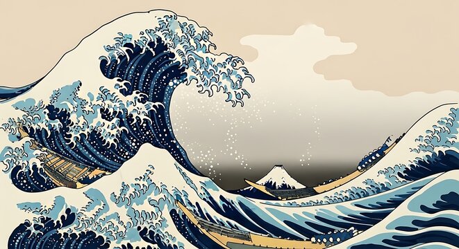 Famous Japanese print of huge ocean wave with boats