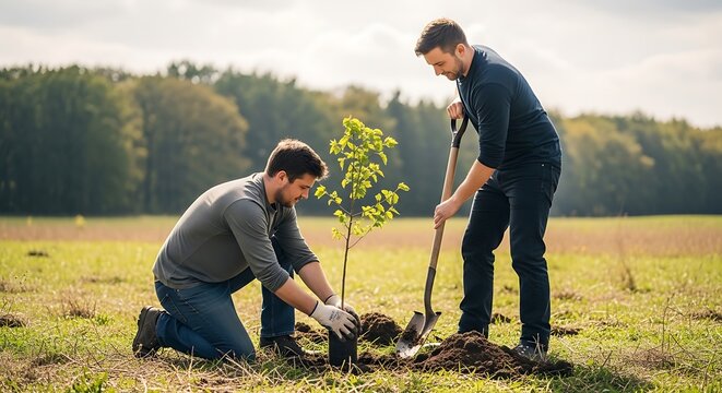 Man and man planting tree in meadow