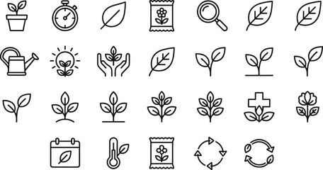 Eco gardening and plant growth outline icon set featuring leaves sustainability agriculture and environmental care symbols © MdNazmul