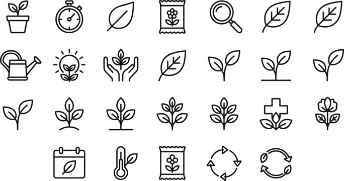 Eco gardening and plant growth outline icon set featuring leaves sustainability agriculture and environmental care symbols