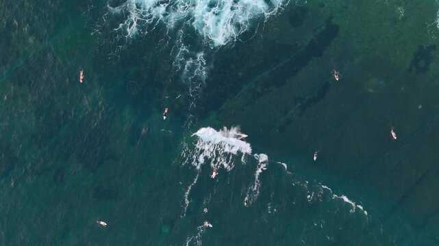 Top down aerial view of surfers waiting and riding waves over dark reef water Tropical ocean scene with white surf clear sea texture adventure travel and active coastal lifestyle
