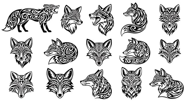 Tribal fox artwork collection - twelve detailed black-and-white fox illustrations with ornamental p