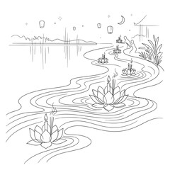 Fototapeta premium Loy krathong festival illustration with glowing lotus floats on a calm river water.