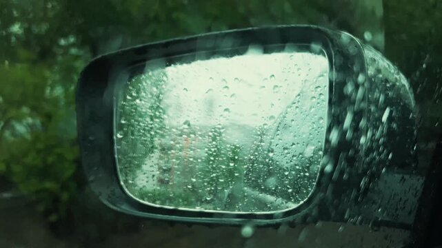 Close-up of water droplets on a vehicle side mirror during rain. Perfect for automotive safety ads, travel insurance promotions, weather-related content, and driving narratives.
