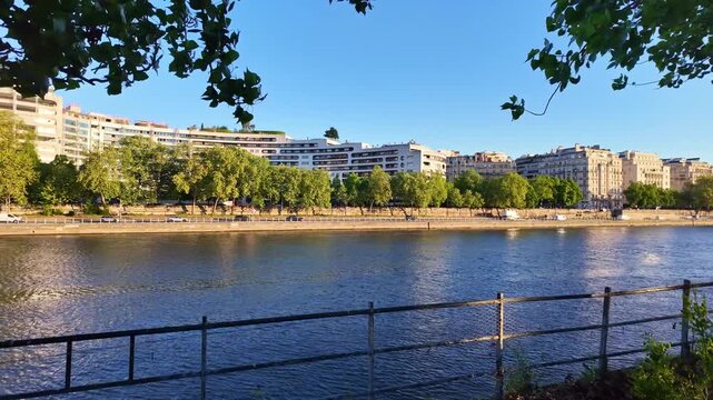 Moving view toward Seine riverside and Georges Pompidou traffic in Paris