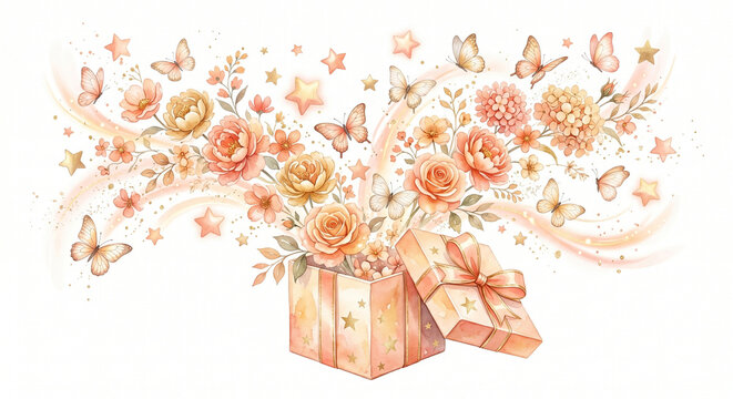 Watercolor magic gift box exploding with pastel flowers, butterflies, and gold stars. Whimsical celebration illustration for birthday or Mother's Day surprise.