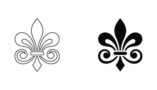 Classic fleur de lis heraldic symbol in clean line art and solid black silhouette styles for royal emblem or decorative luxury branding design