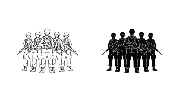 Squad of soldiers standing in formation icon set in clean line art and solid black silhouette for military or tactical brand logo design