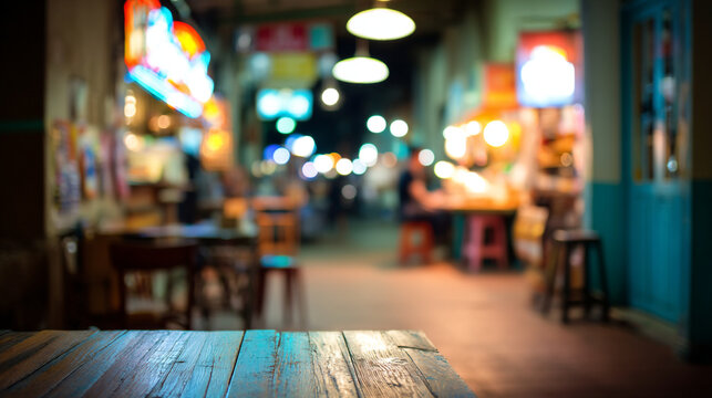 Empty restaurant tables at night with bokeh lights and colorful signs, no people
