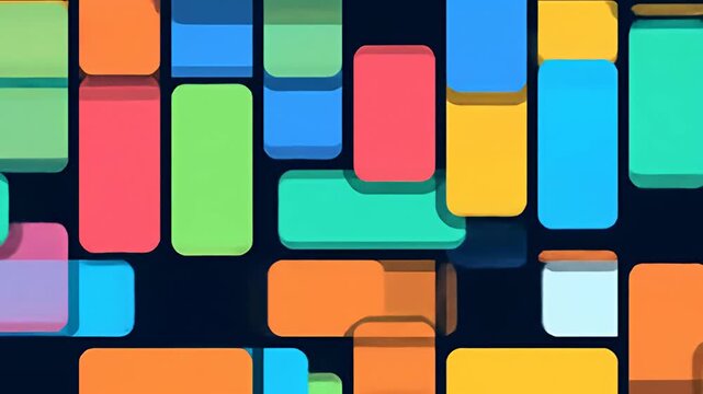 Colorful rounded rectangles float on dark background, overlapping slightly