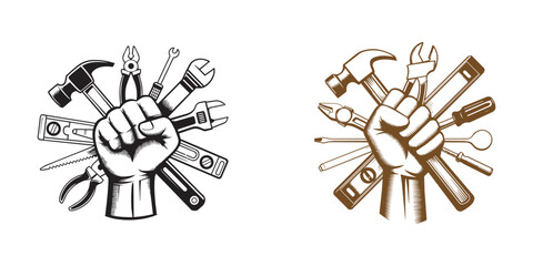Fototapeta premium Labor tools fist emblem black and brown variations for strength and industry. tools in black and brown colors symbol of labor industry and skilled craft.