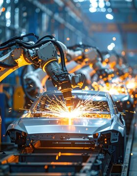 A robotic arm precisely welds a car body on an automated production line in a modern automotive factory, creating bright sparks.