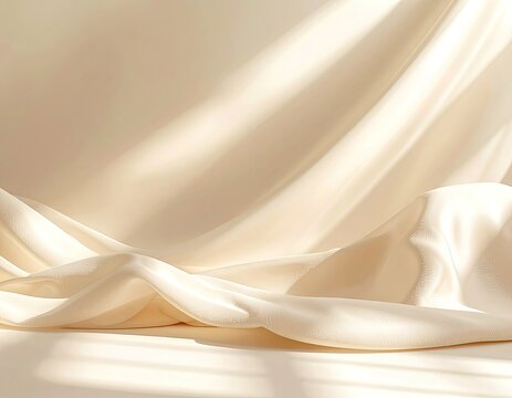 A luxurious beige silk fabric gracefully drapes and flows, illuminated by soft sunlight, creating elegant shadows and a serene backdrop.