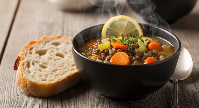 Hearty Lentil Soup with Fresh Bread and Lemon Slice.
