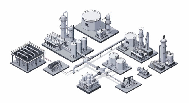 Industrial oil refinery complex with pipelines and storage tanks isometric view.