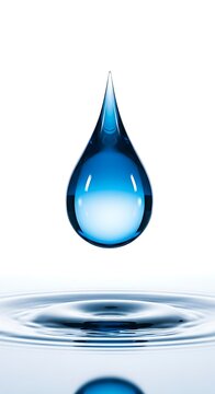 Clear blue liquid droplet descends toward a surface creating concentric ripples