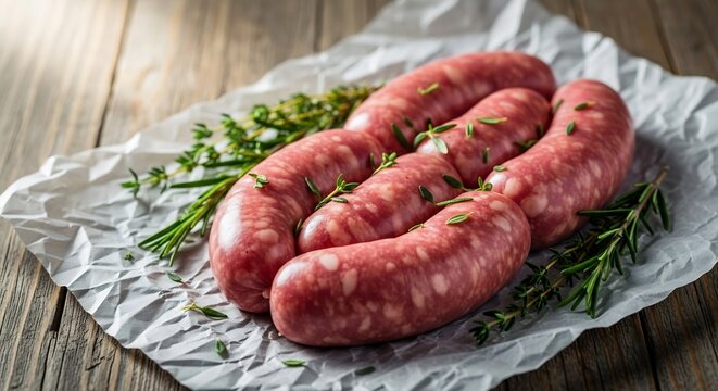 Raw Italian Sausages with Fresh Herbs on Rustic Wooden Table.