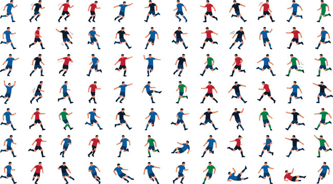 Flat vector illustration set of soccer players in diverse action poses including running, kicking, tackling, and celebrating on the field