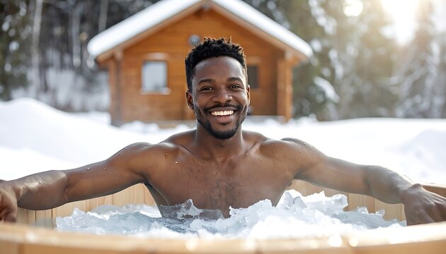 Man relaxing in hot tub winter.