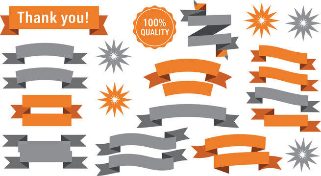 Set of Orange and Gray Ribbon Banners with Quality Badge and Thank You Message for Marketing Promotions, Product Labels, and Professional Business Graphic Design Vector Projects