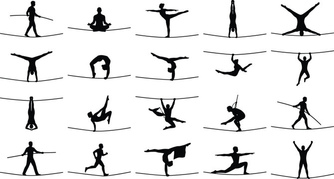 Silhouette vector illustration set of tightrope walkers and slackliners performing highwire acrobatics, yoga poses, and balance exercises