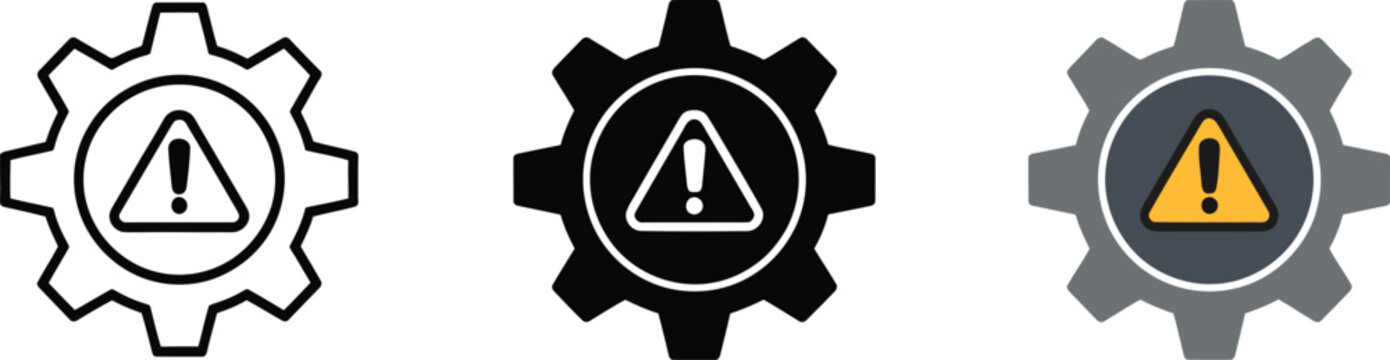 Gear warning icons set, three gear symbols with varying alert signs indicating different warning levels for system settings maintenance and safety concepts.