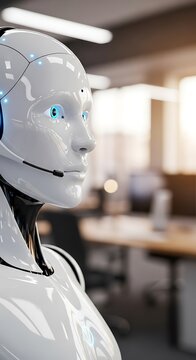 Advanced humanoid machine wearing a communication headset stands ready in a modern office environment