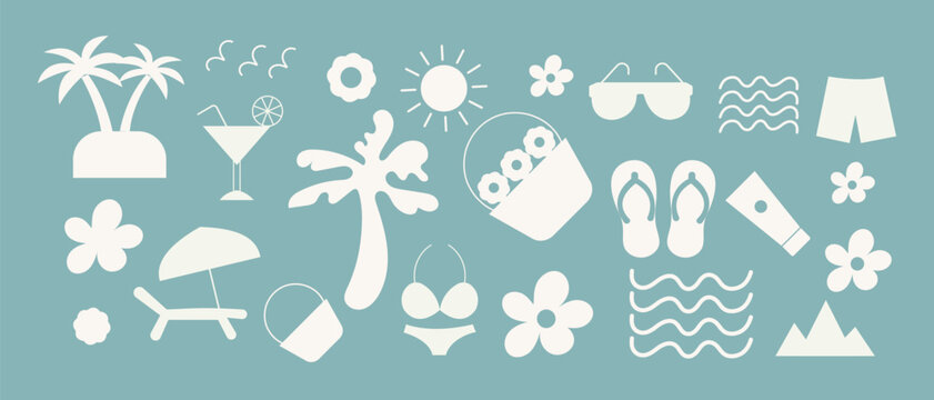 Summer boho element set. Beach elements hand drawn cartoon doodle signs. Hand drawn Summer vintage sticker set. Tropical print, vacation beach and ocean travel. Vector illustration.