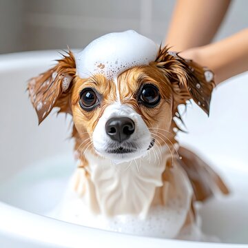 Cute dog in bathtub with soap.