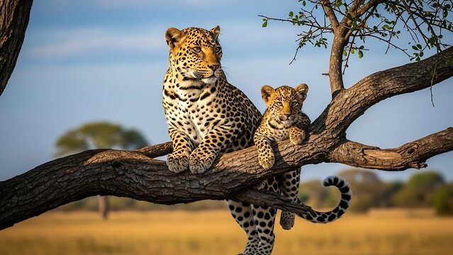 Leopard and cub resting on tree branch.