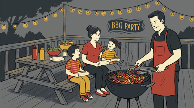 Family grilling burgers and hotdogs at a backyard bbq party on a deck at night