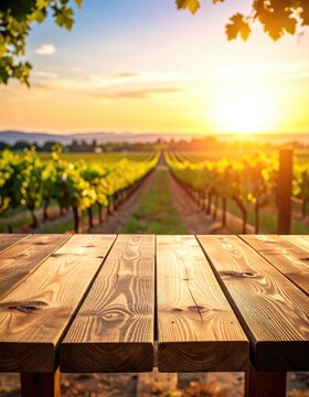 Empty rustic wooden table overlooking a sunlit vineyard at golden hour.