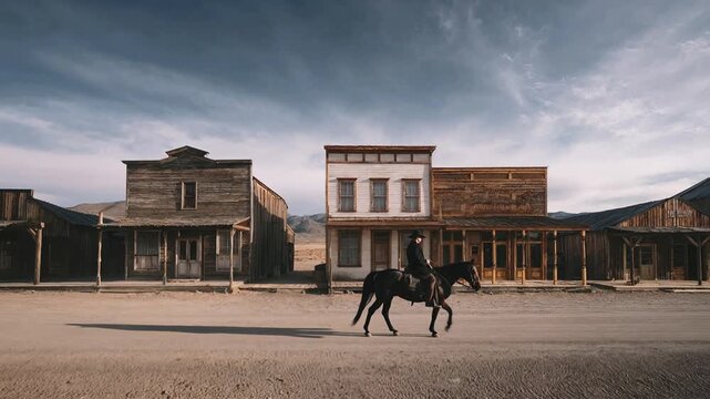 Lone rider on horseback traverses a dusty old western town street