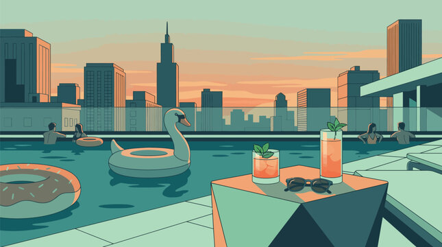 Relaxing rooftop pool scene with swan float city skyline at sunset summer vibes and refreshing drinks on a geometric