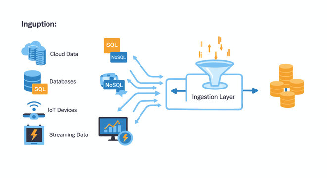 Data ingestion pipeline infographic showing cloud and database processing