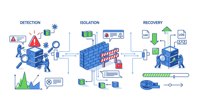 Cybersecurity workflow showing detection isolation and system recovery