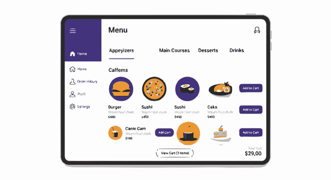 Digital food menu app interface on tablet screen illustration