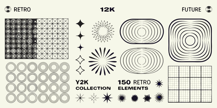 Retro futuristic geometric patterns and shapes black and white graphic design elements collection high quality