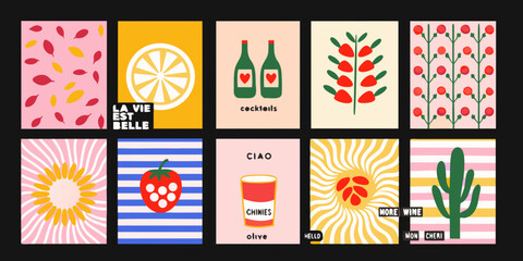 Collection of twelve retro style cards with vibrant colors and playful graphic designs on black background © Bithi